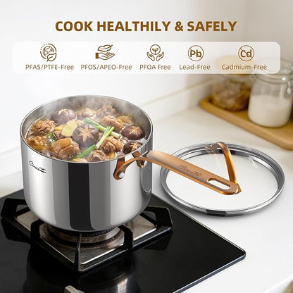 Ciwete 3 Quart Sauce Pan with Lid, Upgraded Tri-Ply Stainless Steel Saucepan with Mirror Polishing and 2 Scales, Induction Ready Cooking Pot with Stay-Cool Brass Handle, Dishwasher & Oven Safe