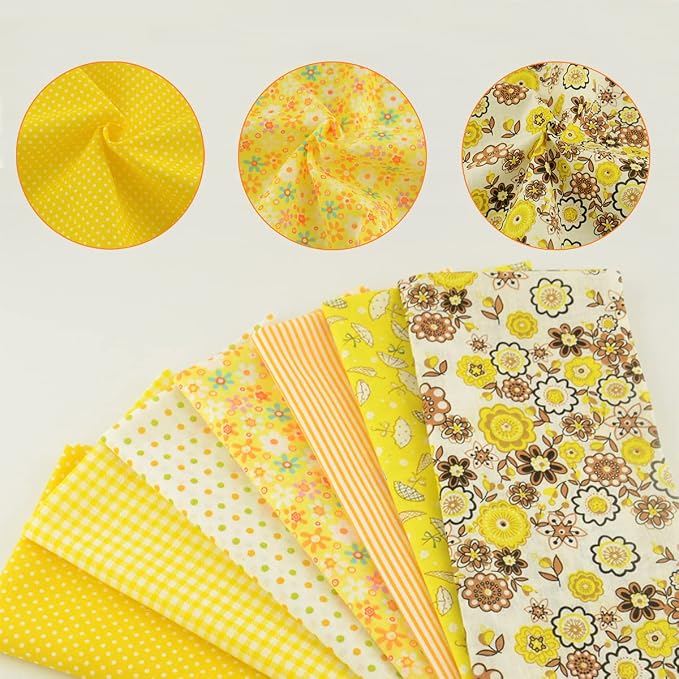 7 Pieces Cotton Fabric Plain Printed (20"x20"), Comfortable DIY Artcraft Material for Quilting, Patchwork Fabric Yellow