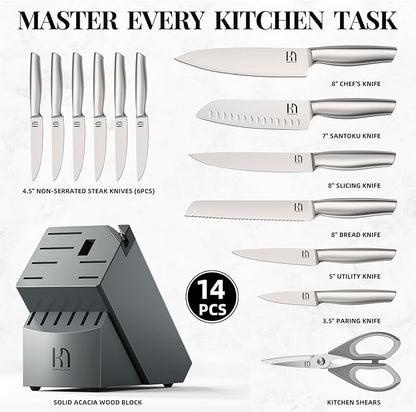 KnifeSaga Knife Set, 14 Pcs Premium Japanese High Carbon Stainless Steel Kitchen Knife Set, Razor Sharp Knife Block Set with Built-in Sharpener, Quality Acacia Wood Block Knife Sets Ergonomic Handle