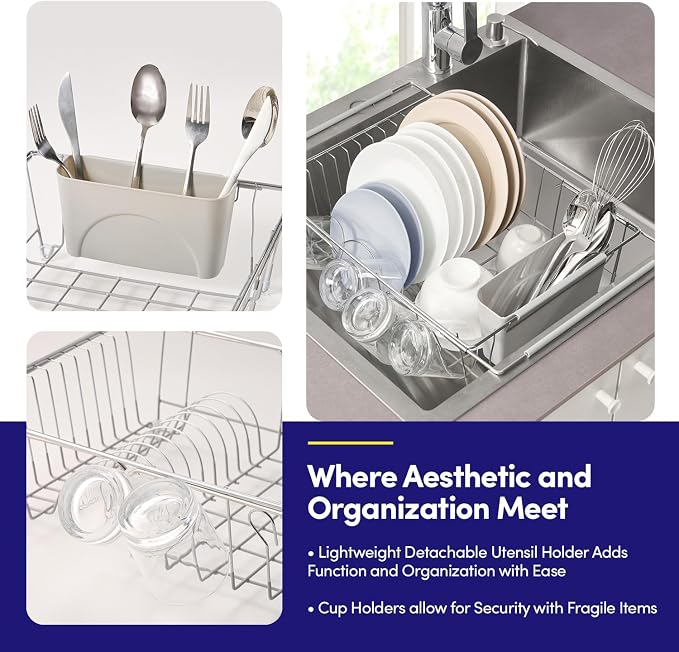 Dish Drying Rack Over the Sink Expandable to 24.5" Dish Drainer — Space-Saving Rectangular Kitchen Extending Drying Station with Utensil Holder, Fits Most Sinks for Easy Dish Organization, Silver