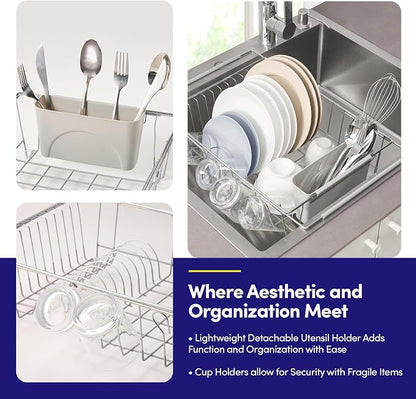 Dish Drying Rack Over the Sink Expandable to 24.5" Dish Drainer — Space-Saving Rectangular Kitchen Extending Drying Station with Utensil Holder, Fits Most Sinks for Easy Dish Organization, Silver