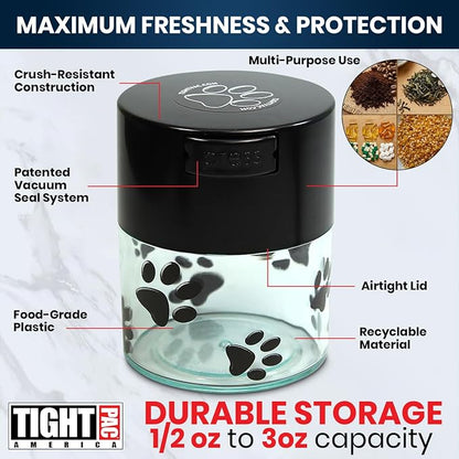 Pawvac 3 Ounce Vacuum Sealed Pet Food Storage Container; Black Cap & Clear Body/Black Paws