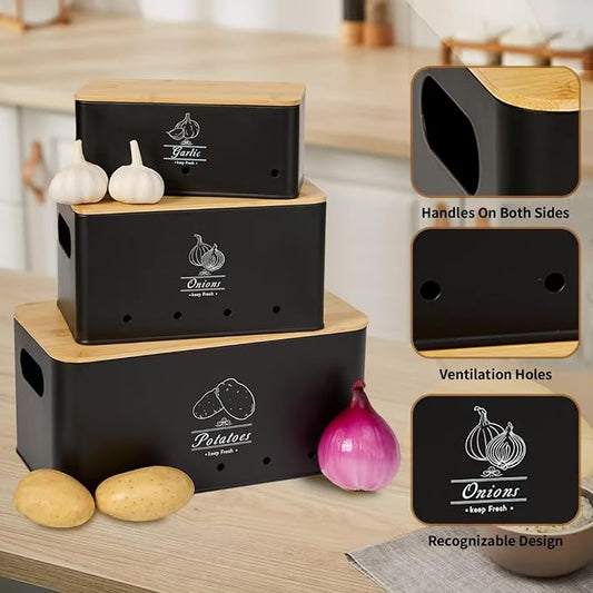 3 Pack Metal Vegetable Storage,Onion Storage,Potato Storage and Garlic Storage Set,Kitchen Vegetable Keeper,Stackable Pantry Organizers with Ventilation Holes and Bamboo Lids(BLACK)