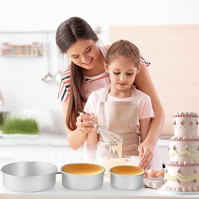 Round Cake Pan with Removable Bottom, Set of 3 (6 x 3 inch/8 x 3 inch/10 x 3 inch), Aluminum Baking Pans for Layer Cakes, Non-Stick, Evenly Heating Tools for Home Kitchen, Straight Side