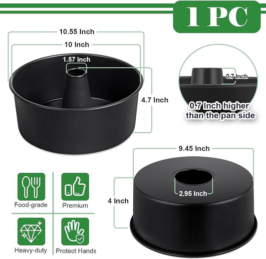 P&P CHEF Angel Food Cake Pan, 10 Inch Cake Pan Round Baking Tube Tin for Baking Pound Cakes, Conical Hollow & One-piece Design, Stainless Steel Core & Heavy-duty, Oven Safe - Black