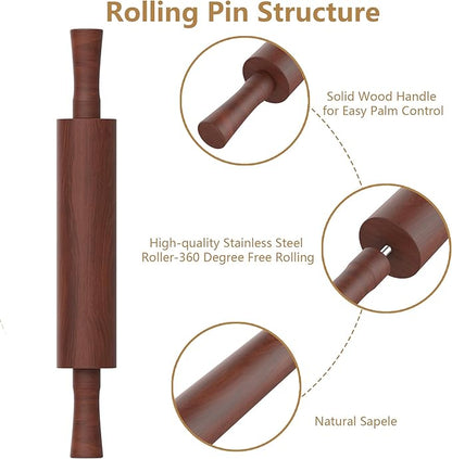 Classic Wooden Rolling Pin with Handle for Fondant, Pizza, Pies, Cookies, Pastries, Rolling Pin for Baking with 3 Multi-Color Thickness Rings, 17" x 2.5" (Include handle) Sapele Rolling Pin