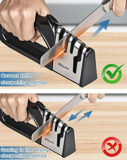 4-In-1 Manual Knife Sharpener for Kitchen Knives & Scissors, Professional Pull-Through Knife Sharpener with Tungsten Steel & Ceramic Slots, Non-Slip Base, Easy to Use for Chef Knives & Kitchen Knives