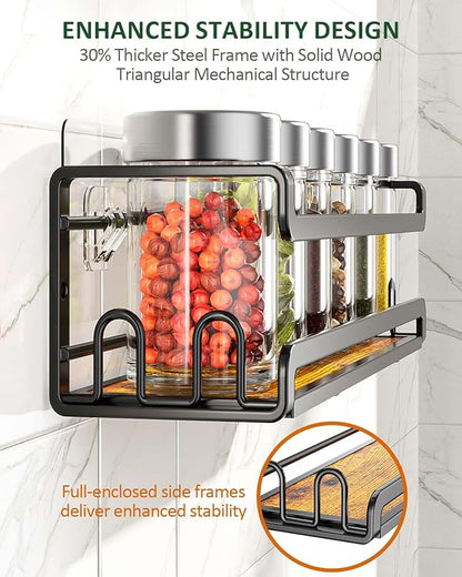 Doakhirmit Wall Mounted Spice Rack with 16 Hooks, Rustic Wood Spice Organizer Shelf for Stove Cabinet Pantry Door,Screw or Adhesive Hanging Spice Shelf,Wall Spice Rack in Kitchen and RV,6 Pack