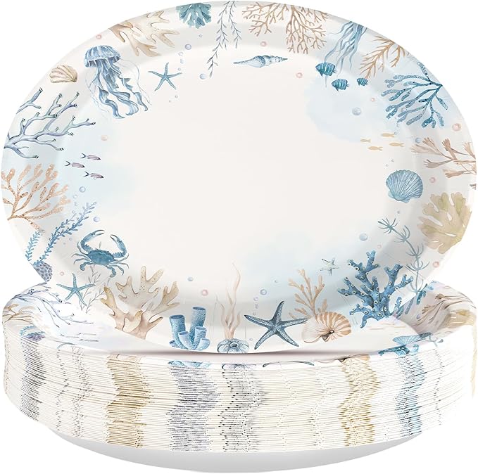 50Pcs Coastal Oval Paper Plates 10" x 12" Large Heavy Duty Ocean Sea Coral Starfish Seashell Party Plate for Summer Beach Hawaiian Under the Sea Wedding Birthday Holiday Dinner Party Decorations