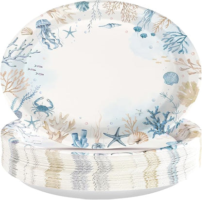 50Pcs Coastal Oval Paper Plates 10" x 12" Large Heavy Duty Ocean Sea Coral Starfish Seashell Party Plate for Summer Beach Hawaiian Under the Sea Wedding Birthday Holiday Dinner Party Decorations