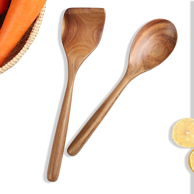 Wooden Cooking Spoon Utensils, 2pcs, Spoons Spatulas Set for Kitchen Cooking, Wood Scraper for Frying Scraping and Mixing, Nonstick Cookware Spatulas Spoon Gadget for Fried Flipping Turning Cooking