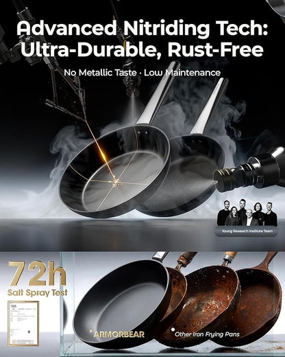Anti-Warp Carbon Steel Frying Pan, 10 Inch Pre-Seasoned Cooking Skillet, Works on All Cooktops,Oven Safe, Nitrided Carbon Steel Pan for Kitchen, Camping, Chef Use