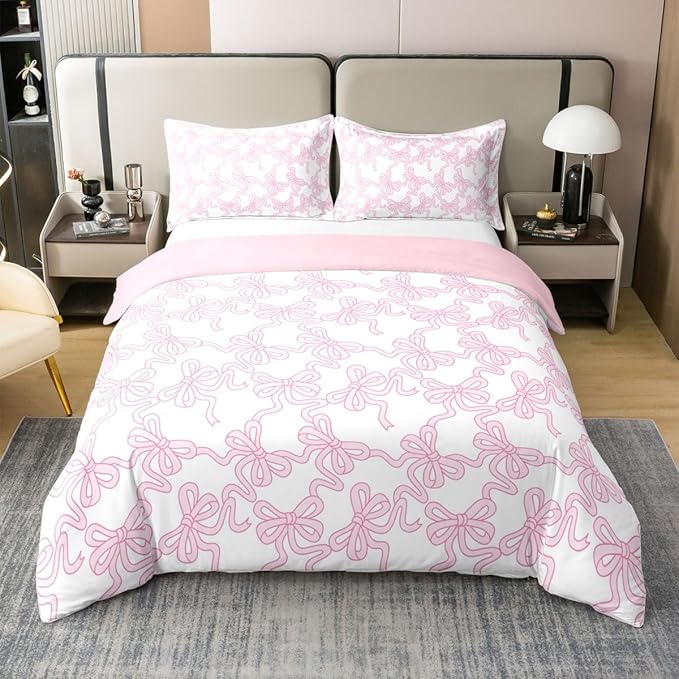 Castle Fairy Full Size Duvet Cover Pink Bowknot 100% Pure Cotton Comforter Cover Kawaii Watercolor Ribbon Bow Bedding Set with 2 Pillowcases (Not Comforter) Coquette Bowtie Quilt Cover