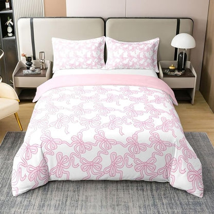 Castle Fairy Full Size Duvet Cover Pink Bowknot 100% Pure Cotton Comforter Cover Kawaii Watercolor Ribbon Bow Bedding Set with 2 Pillowcases (Not Comforter) Coquette Bowtie Quilt Cover