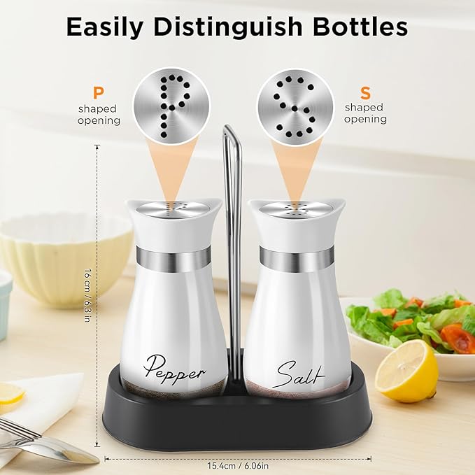 Salt and Pepper Shakers, Farmhouse Salt and Pepper Shakers Set with Holder, electroplated Handle, 4 oz Stainless Steel Glass Bottle Dispenser, for Table, RV, Camp, BBQ (White)