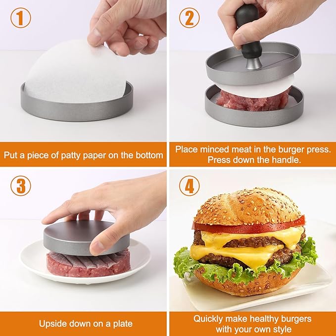 TACGEA Burger Press 150 Patty Papers, Non-Stick Hamburger Patty Maker with Wax Paper, Aluminum Burger Maker for Kitchen BBQ Grill