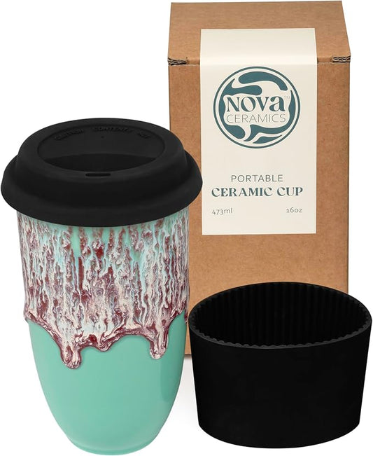 NOVA CERAMICS Travel Mug On the Go Coffee Tumbler Microwave & Dishwasher Safe Green Tumbler - Gifts For Women Men Him Her 16oz Nebula