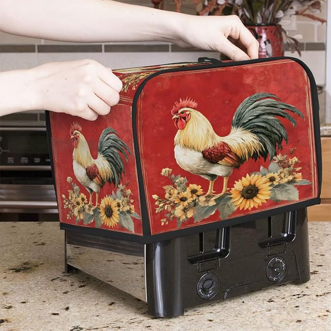 2 Slice Red Farm Rooster Toaster Cover Waterproof Dust Fingerprint Bread Machine Cover Washable Kitchen Appliance Protector For Home Kitchen Bakeware Table Decor Women Gifts