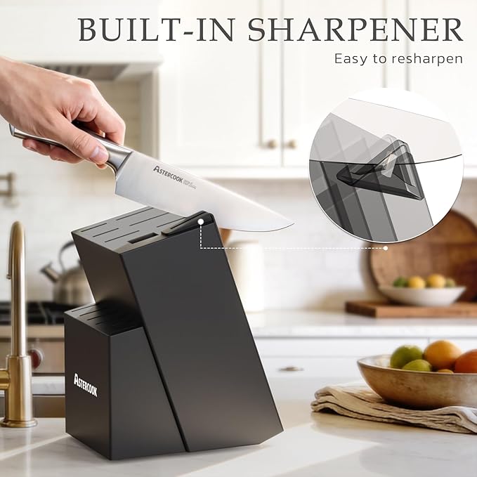 Astercook Knife Set, Kitchen Knives Set with Block and Sharpener Full Tang 15 Pcs Stainless Steel Knives, Dishwasher Safe Knife Set with Anti-slip Ergonomic Handle, Black, Fathers Day Gift for Men