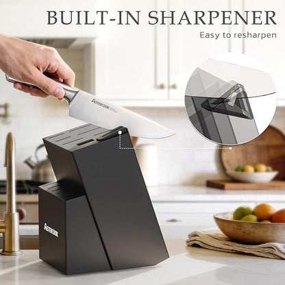 Astercook Knife Set, Kitchen Knives Set with Block and Sharpener Full Tang 15 Pcs Stainless Steel Knives, Dishwasher Safe Knife Set with Anti-slip Ergonomic Handle, Black, Fathers Day Gift for Men
