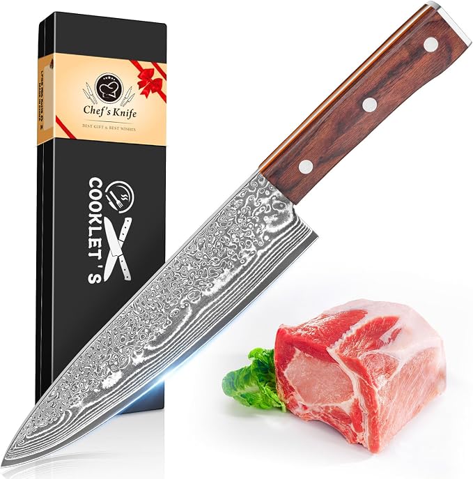 COOKLET'S Chef Knife, 8 Inch Professional VG10 Damascus High Carbon Stainless Steel Ultra Sharp Chef Knife, Vegetable Meat Kitchen Cooking Knife, G10 Ergonomic Color Wooden Handle with Luxury Gift Box