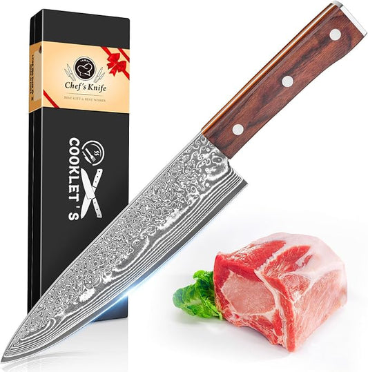COOKLET'S Chef Knife, 8 Inch Professional VG10 Damascus High Carbon Stainless Steel Ultra Sharp Chef Knife, Vegetable Meat Kitchen Cooking Knife, G10 Ergonomic Color Wooden Handle with Luxury Gift Box