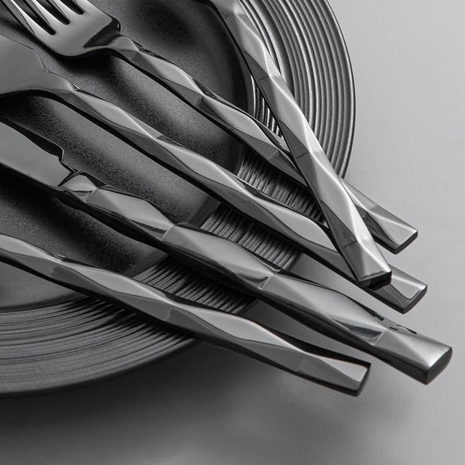 KINGSTONE Black Silverware Set, Luxury 40 Piece Flatware Set for, 18/10 Stainless Steel Cutlery Set with Diamond Cut Pattern for Kitchen, Home, Wedding, Party, Mirror Polished and Dishwasher Safe