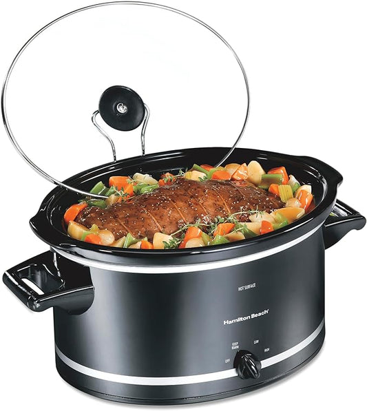 Hamilton Beach Slow Cooker with 3 Cooking Settings, Dishwasher-Safe Stoneware Crock & Glass, 8-Quart Built-In Lid Rest, Black