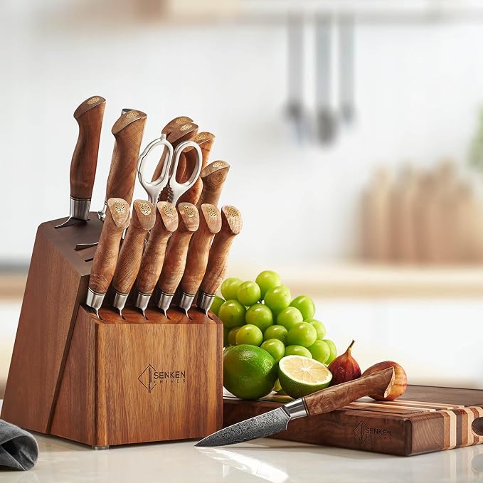 SENKEN 16-Piece Damascus Knife block Set - The Dynasty Collection - Japanese VG10 Damascus Steel with Natural Sycamore Wood Handles, Steak Knives, Scissors, & Sharpening Rod (16-Piece Knife Block Set)