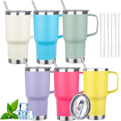 20oz Insulated Tumbler with Handle Stainless Steel Travel Coffee Mug with Lid and Straw Double Wall Vacuum Leak-proof Reusable Thermal Water Cup for Hot and Cold Drinks (Multicolor-7,6 Pack)