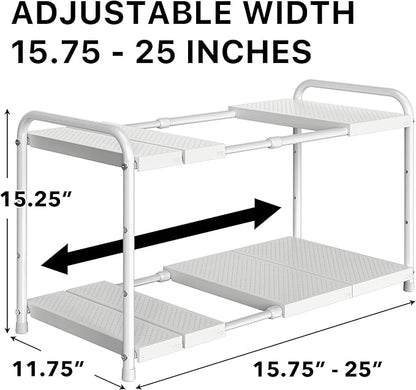 Simple Houseware Under Sink 2 Tier Expandable Heavy Duty Metal Shelf Organizer Rack, White (Expand from 15 to 25 inches)