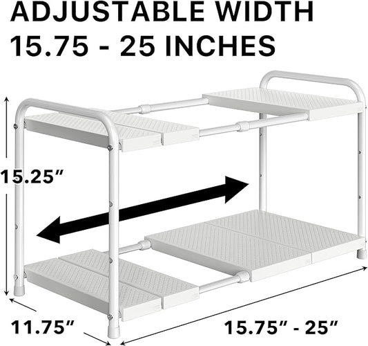 Simple Houseware Under Sink 2 Tier Expandable Heavy Duty Metal Shelf Organizer Rack, White (Expand from 15 to 25 inches)