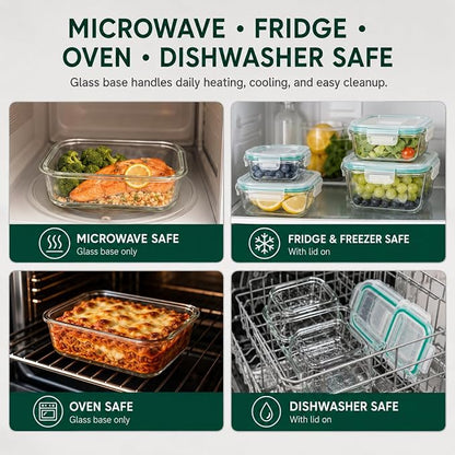 Peaktet 8 Pack Glass Food Storage Containers with Lids, Airtight Meal Prep Containers Set, Leakproof Glass Lunch Containers, BPA-Free Locking Lids, Oven Microwave Freezer Dishwasher Safe