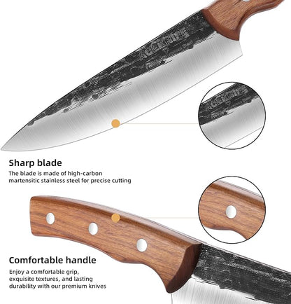 Chef Knife Set, 4 PCS Japanese Kitchen Butcher Knife Set, Serbian Chef Knives Meat Cleaver Viking Boning Knives, Professional Hand Forged, for Home Outdoor Cooking Camping BBQ