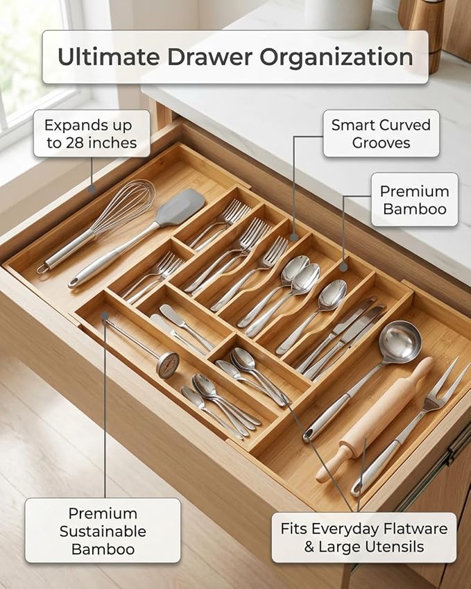 Expandable Bamboo Silverware Drawer Organizer – Adjustable 33" Wide Wooden Utensil Tray with 11-Compartments, Large Kitchen Flatware & Spoon Holder, Natural Solid Wood for Drawers