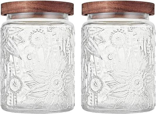 Custde Glass Storage Jars With Airtight Lid, 23.7oz Container For Kitchen Counter with Wooden Lid, brown sugar, candy, coffee, cookie, salt, tea, cute Jar (Sunflower*2)