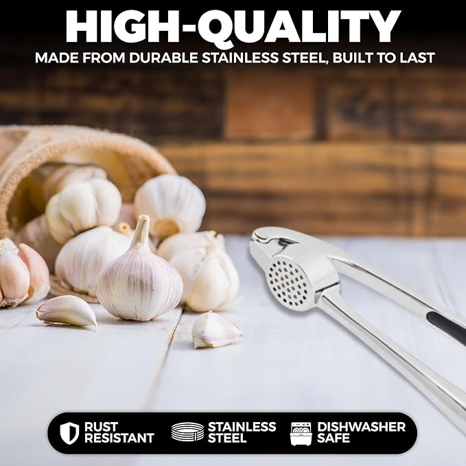 Premium Garlic Press Set - Stainless Steel Mincer Crusher Grater Tool with Silicone Peeler and Brush - Dishwasher Safe Metal Presser Grinder Smasher Masher Squeezer Shredder for Ginger, Butter, Herb