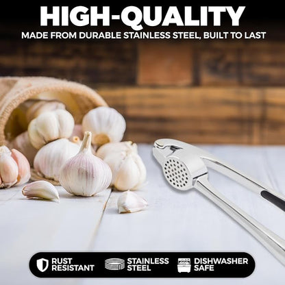 Premium Garlic Press Set - Stainless Steel Mincer Crusher Grater Tool with Silicone Peeler and Brush - Dishwasher Safe Metal Presser Grinder Smasher Masher Squeezer Shredder for Ginger, Butter, Herb