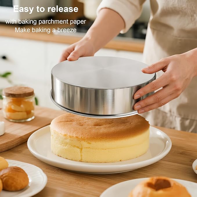 8 Inch Cake Pan Set of 3, Nonstick Stainless Steel Round Layer Cake Baking Pans with 100PCS Parchment Papers, Cake Tins for Birthday Christmas, Healthy & Non-Toxic, Easy Clean & Dishwasher Safe
