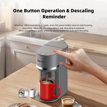 Horavie Mini Single Serve Coffee Maker for K Cup Pods and Ground Coffee, Fast Brew One Cup Coffee Machine with Descaling Reminder and Water Window, 6 to 12 oz. Brew Sizes, Gray