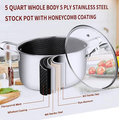 LOLYKITCH 5 QT Tri-Ply Hybrid Stainless Steel Non Stick Stock Pot with Lid,Induction Cooking Pot,Dishwasher and Oven Safe