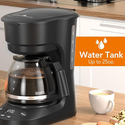 Electactic 5-Cup Programmable Drip Coffee Maker, a compact coffee machine with a digital clock and 24-hour programmable timer, featuring Auto Shut-Off, and a Removable Filter Basket for Home & Office.