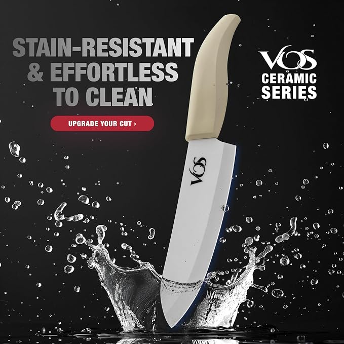Vos ceramic knives set for kitchen in gift box, 5 ceramic knife with cover with scissors, 3" 4" 5" 6" ultra sharp knives for home cooks, lightweight, rust-free, dishwasher safe (Off-white handle)