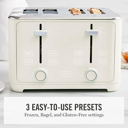 Martha Stewart 4 Slice Toaster, 10 Shade Settings with Defrost, Cancel, Bagel & Gluten-Free, Extra-Wide Self-Centering Slots for Waffles & Artisan Bread, Removable Crumb Tray, Cord Wrap, 1800W, Linen