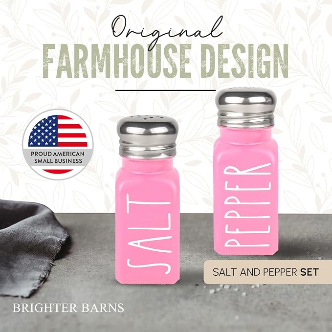 Pink Salt and Pepper Shakers Set by Brighter Barns - Modern Kitchen Decor and Accessories - Cute Glass Shakers - Vintage Decor for Home, Restaurants, Housewarming Gifts & Stainless Steel Lids (Pink)