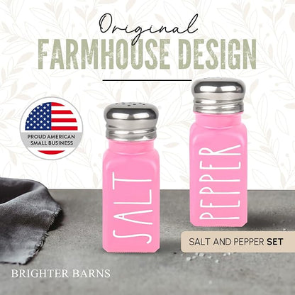 Pink Salt and Pepper Shakers Set by Brighter Barns - Modern Kitchen Decor and Accessories - Cute Glass Shakers - Vintage Decor for Home, Restaurants, Housewarming Gifts & Stainless Steel Lids (Pink)