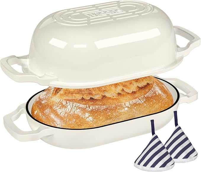 Enameled Cast Iron Dutch Oven Pot with Lid, Wildone 5.5QT Bread Oven for Homemade Sourdough Bread Baking with Cotton Potholders, Oven Safe up to 500°F, Cream White