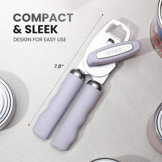 Zulay Kitchen Heavy Duty Stainless Steel Can Opener Manual with Bottle Opener - Rust Proof Manual Can Opener With Turn Knob & Comfy Soft Grip Handles - Airy Lilac