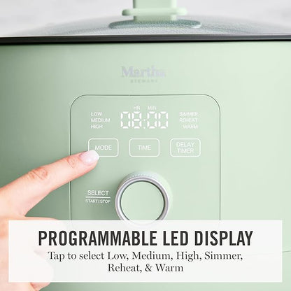 Martha Stewart 8 Quart Slow Cooker, Ceramic Nonstick Removable Bowl, Programmable with Timer, Stovetop & Oven Safe, 3 Temperature Settings, Simmer, Reheat, Warm, Glass Lid, Cool Touch Handles,Honeydew