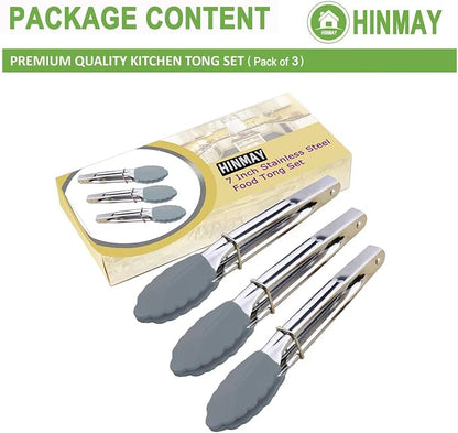 HINMAY 7 Inch Silicone Utility Tong Kitchen Tongs, Set of 3 (Gray) | 7 Inch Metal Salad Tongs